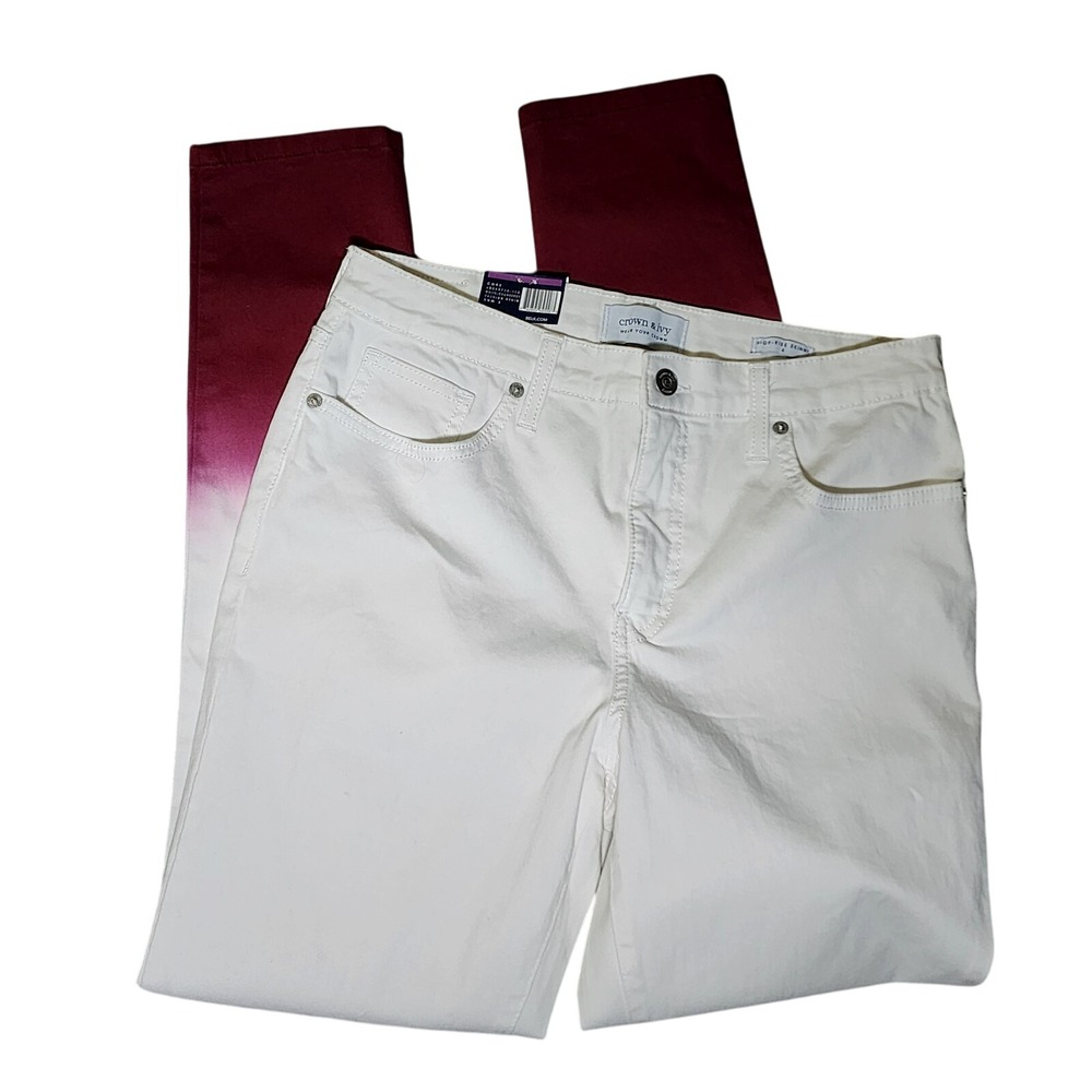 Crown & Ivy High Rise Skinny Jeans 6 White Pink Dip Dye Stretch‎ Denim Boho Y2K